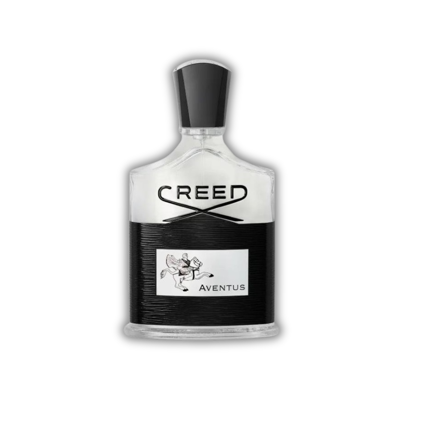 Creed Aventus Eau de Parfum bottle with black textured base and white label.