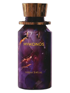 Mykonos Dark Secret Extrait de Parfum bottle with purple and gold marbling and gold cap.