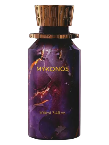 Mykonos Dark Secret Extrait de Parfum bottle with purple and gold marbling and gold cap.