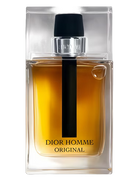 Dior Homme Original fragrance bottle with amber liquid and black atomizer.