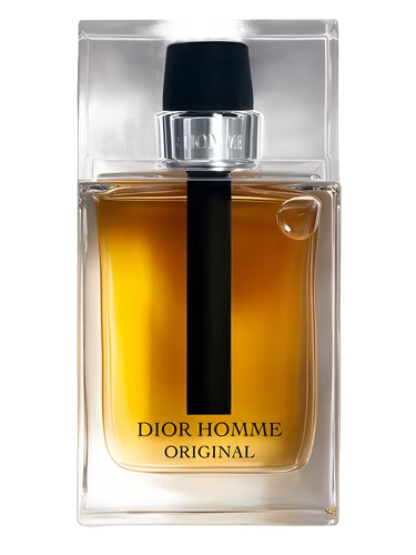 Dior Homme Original fragrance bottle with amber liquid and black atomizer.