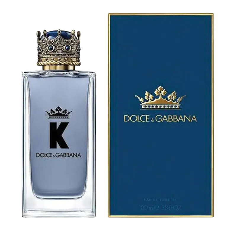Dolce & Gabbana K Eau de Toilette bottle and box with crown motifs.