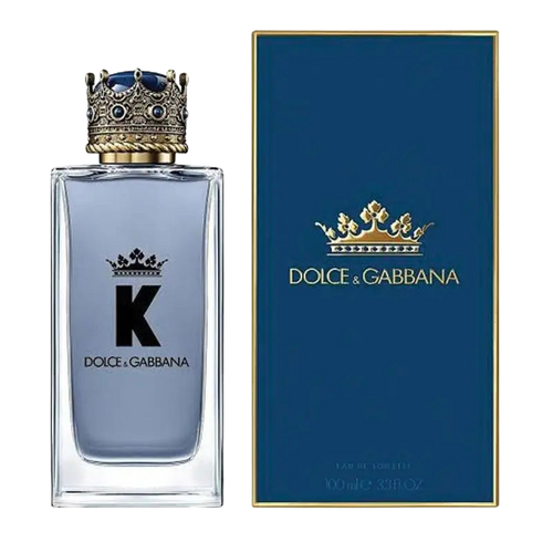 Dolce & Gabbana K Eau de Toilette bottle and box with crown motifs.