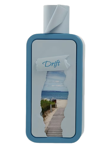 Riiffs Seasons Drift fragrance bottle with a beach scene visible through a torn label.
