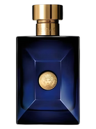 Versace Pour Homme Dylan Blue Eau de Toilette bottle with gold cap and Medusa logo.