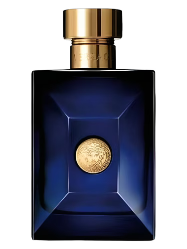 Versace Pour Homme Dylan Blue Eau de Toilette bottle with gold cap and Medusa logo.