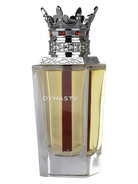Lattafa Dynasty perfume bottle with a crown-shaped cap and red accents.