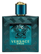 Teal Versace Eros perfume bottle with gold accents and the Medusa logo.