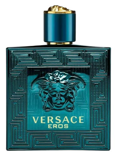 Teal Versace Eros perfume bottle with gold accents and the Medusa logo.