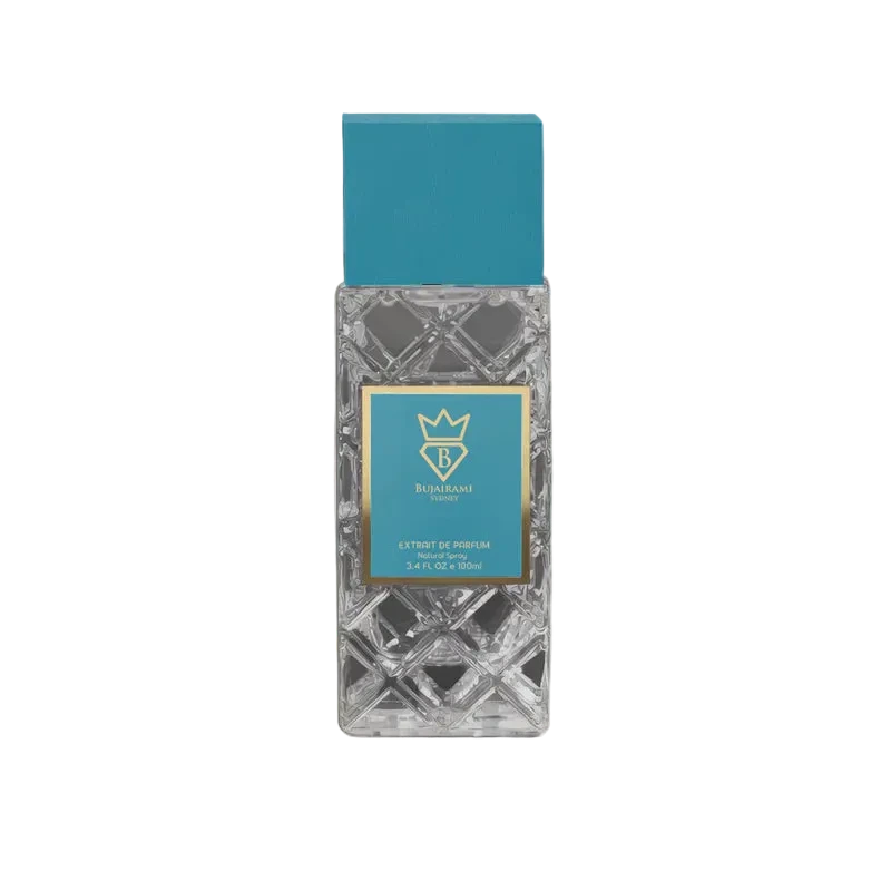 Bujairami Sydney Extrait de Parfum bottle with a teal cap and a textured glass body.
