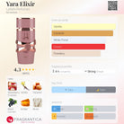 Lattafa Yara Elixir perfume bottle with notes of vanilla, caramel, strawberry, black currant, amber, and musk.