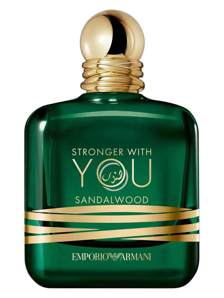 Emporio Armani Stronger With You Sandalwood fragrance bottle in deep green with gold accents.