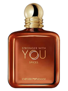 Emporio Armani Stronger With You Spices Eau de Parfum bottle with gold cap and brown gradient.