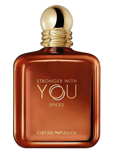 Emporio Armani Stronger With You Spices Eau de Parfum bottle with gold cap and brown gradient.