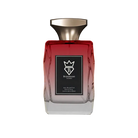 Bujairami Blush Extrait perfume bottle with red to clear gradient glass and gold cap.