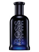 Hugo Boss Bottled Night Eau de Toilette bottle, dark blue glass with silver lettering.