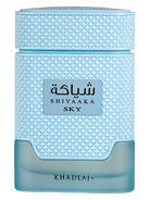 Light blue textured bottle of Khadlaj Shiyaaka Sky EDP with Arabic and English text.