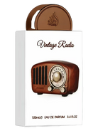 White perfume bottle with a brown cap, featuring a graphic of a vintage radio and the text "Vintage Radio".