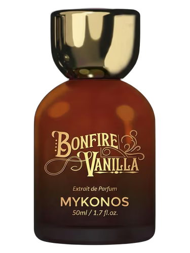 Mykonos Bonfire Vanilla Extrait de Parfum bottle with gold cap and label.