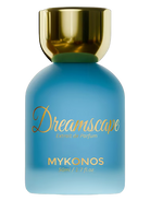 Mykonos Dreamscape Extrait de Parfum bottle with gold cap and blue gradient.