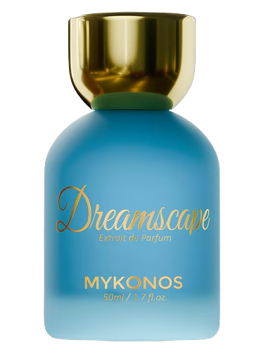 Mykonos Dreamscape Extrait de Parfum bottle with gold cap and blue gradient.