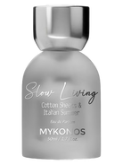 Mykonos Slow Living Eau de Parfum bottle with silver cap and frosted glass.