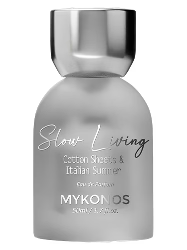 Mykonos Slow Living Eau de Parfum bottle with silver cap and frosted glass.