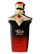 Nusuk Gladius Extrait de Parfum bottle with gold accents and red gem.