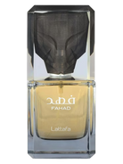 Lattafa Fahad Eau de Parfum bottle with a clear glass base and a black faceted cap.