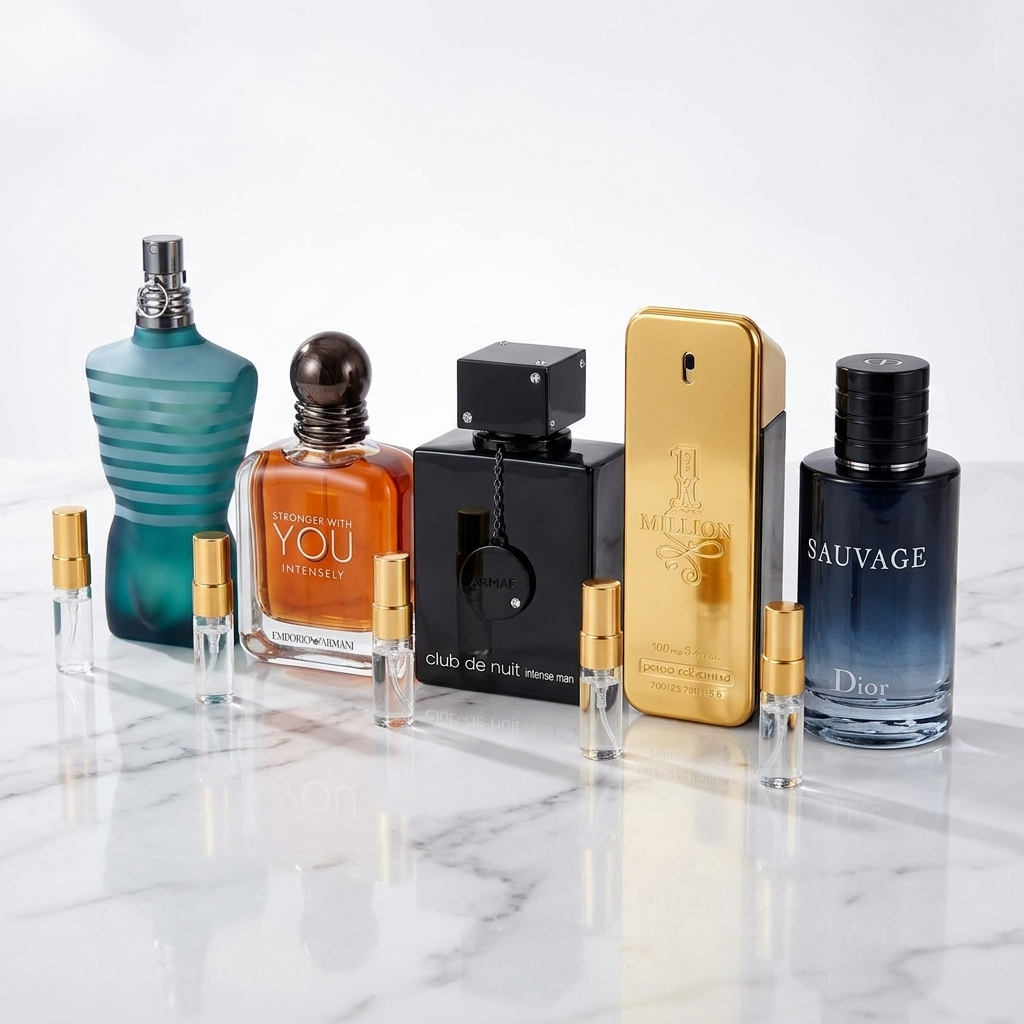 Five men's fragrance decants: Dior Sauvage, 1 Million, Armaf Club de Nuit, Stronger With You Intensely, and Le Male.