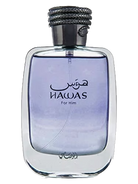 Rasasi Hawas For Him Eau de Parfum bottle with purple liquid and silver cap.
