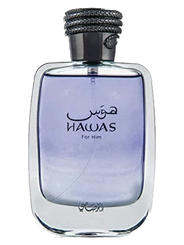 Rasasi Hawas For Him Eau de Parfum bottle with purple liquid and silver cap.