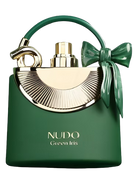 Green bottle of Nudo Green Iris perfume shaped like a handbag with a gold accent and a green bow.