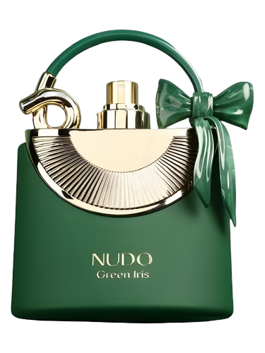 Green bottle of Nudo Green Iris perfume shaped like a handbag with a gold accent and a green bow.