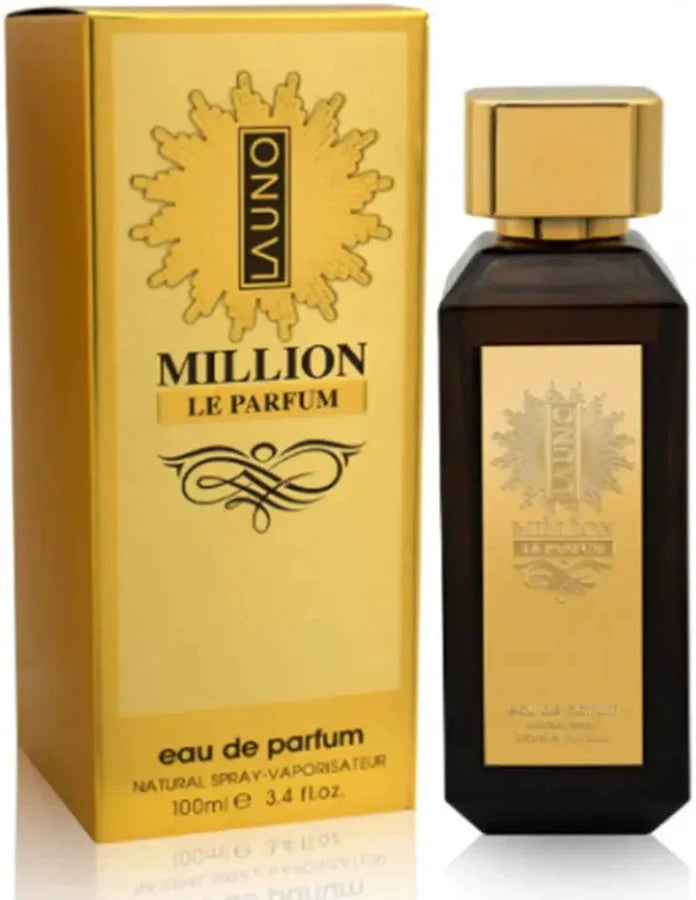 Fragrance World La Uno Million Le Parfum EDP bottle and box, gold packaging.
