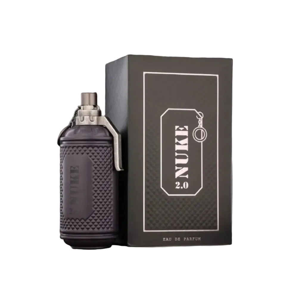 Fragrance World Nuke 2.0 Eau de Parfum bottle and box, shaped like a grenade.