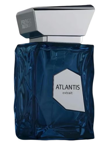 French Avenue Atlantis Extrait perfume bottle with a blue textured glass body and silver cap.