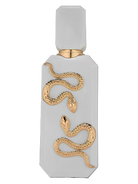 White perfume bottle with gold snake design and gold cap.