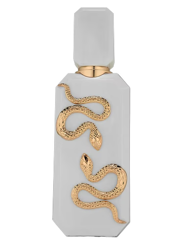 White perfume bottle with gold snake design and gold cap.
