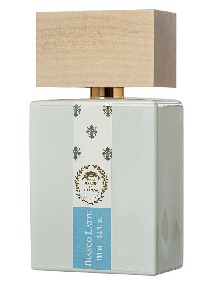 Giardini di Toscana Bianco Latte perfume bottle with a wooden cap and a label.
