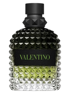 Valentino Uomo Born in Roma Green Stravaganza EDT bottle with green liquid and black cap.