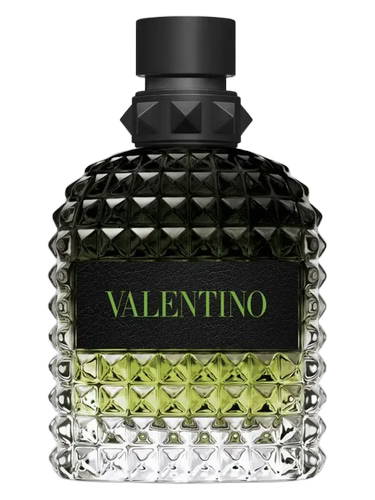 Valentino Uomo Born in Roma Green Stravaganza EDT bottle with green liquid and black cap.