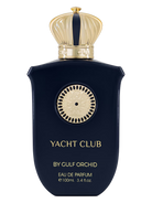 Dark blue bottle of Gulf Orchid Yacht Club Eau de Parfum with a gold crown cap.