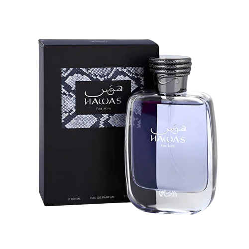 A bottle of Hawas For Him Eau de Parfum with its box.