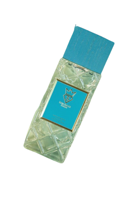 A clear glass perfume bottle with a textured diamond pattern and a blue cap.