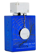 Armaf Club de Nuit Iconic blue perfume bottle with gold accents and a silver tag.
