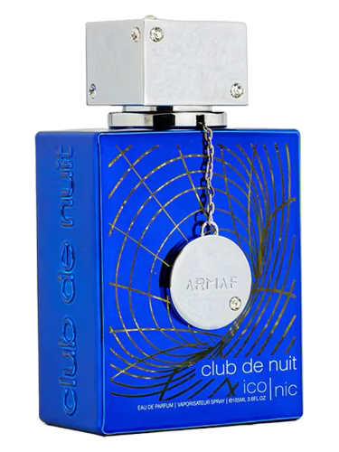 Armaf Club de Nuit Iconic blue perfume bottle with gold accents and a silver tag.