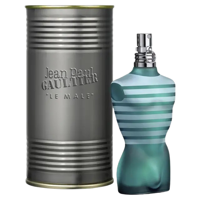 Jean Paul Gaultier Le Male perfume bottle and its cylindrical case.