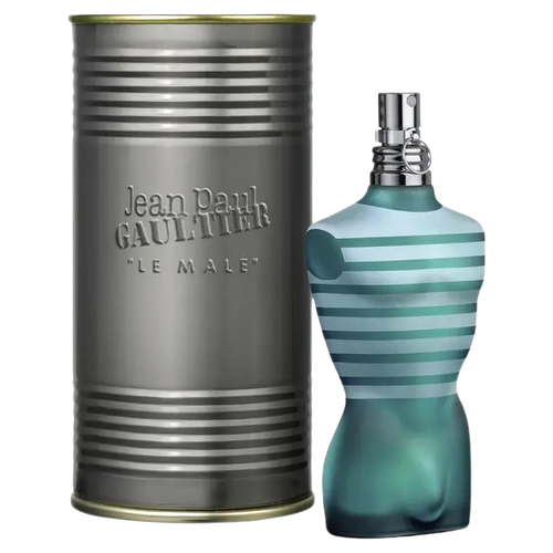 Jean Paul Gaultier Le Male perfume bottle and its cylindrical case.