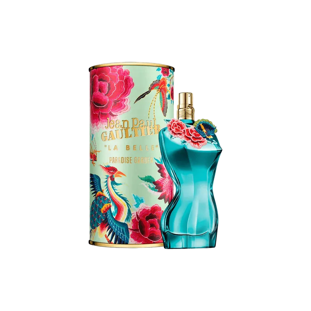 Jean Paul Gaultier La Belle Paradise Garden EDP bottle and packaging with floral and bird designs.